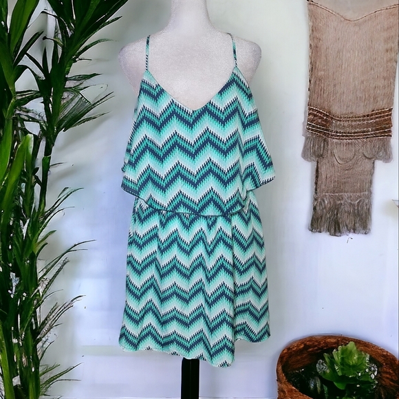 My Michelle Women's Blue Green Chevron Spaghetti Strap Mini Dress Size Large - Picture 2 of 11